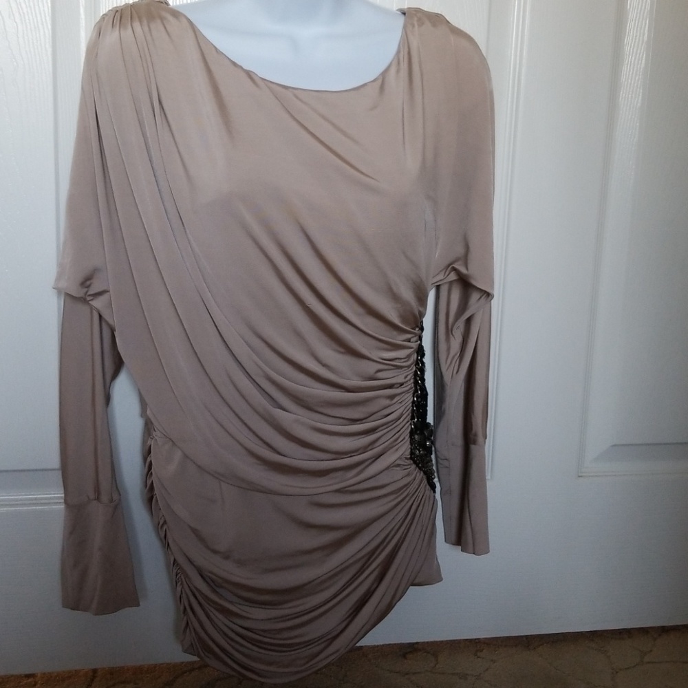 Stunning beige top with leather and beading embell